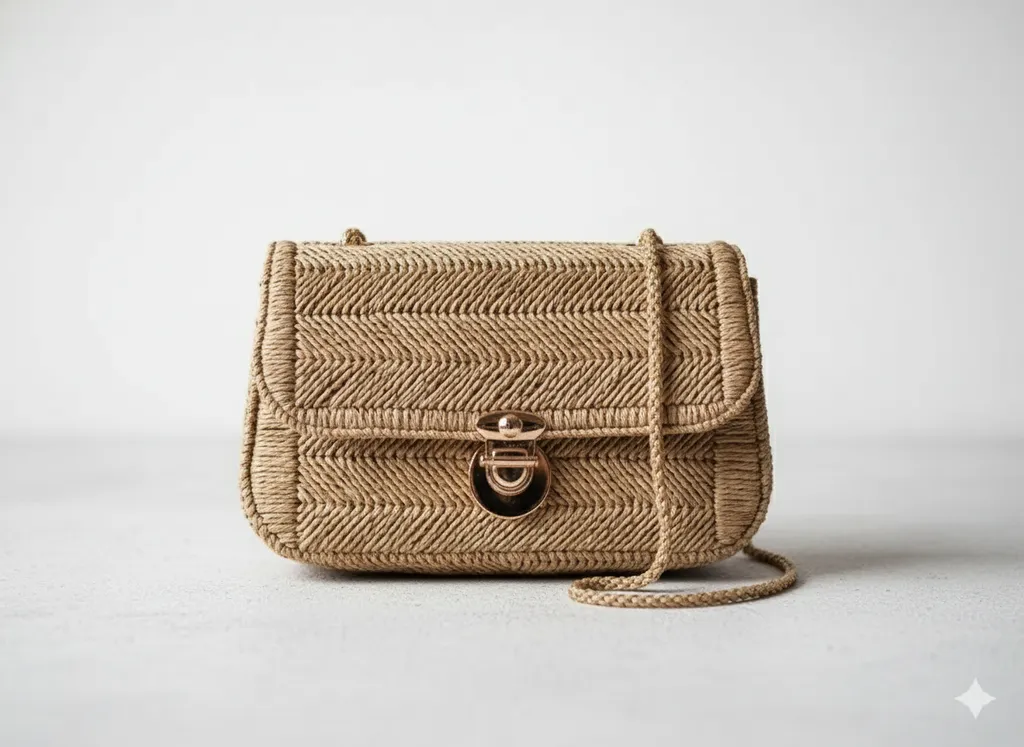 Kağıt İp Kanvas Omuz Çantası - Orta Boy, Astarlı ve Zincir Askılı