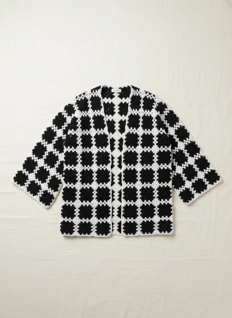 Siyah Beyaz Kare Motifli Örgü Hırka - Şık Tasarım