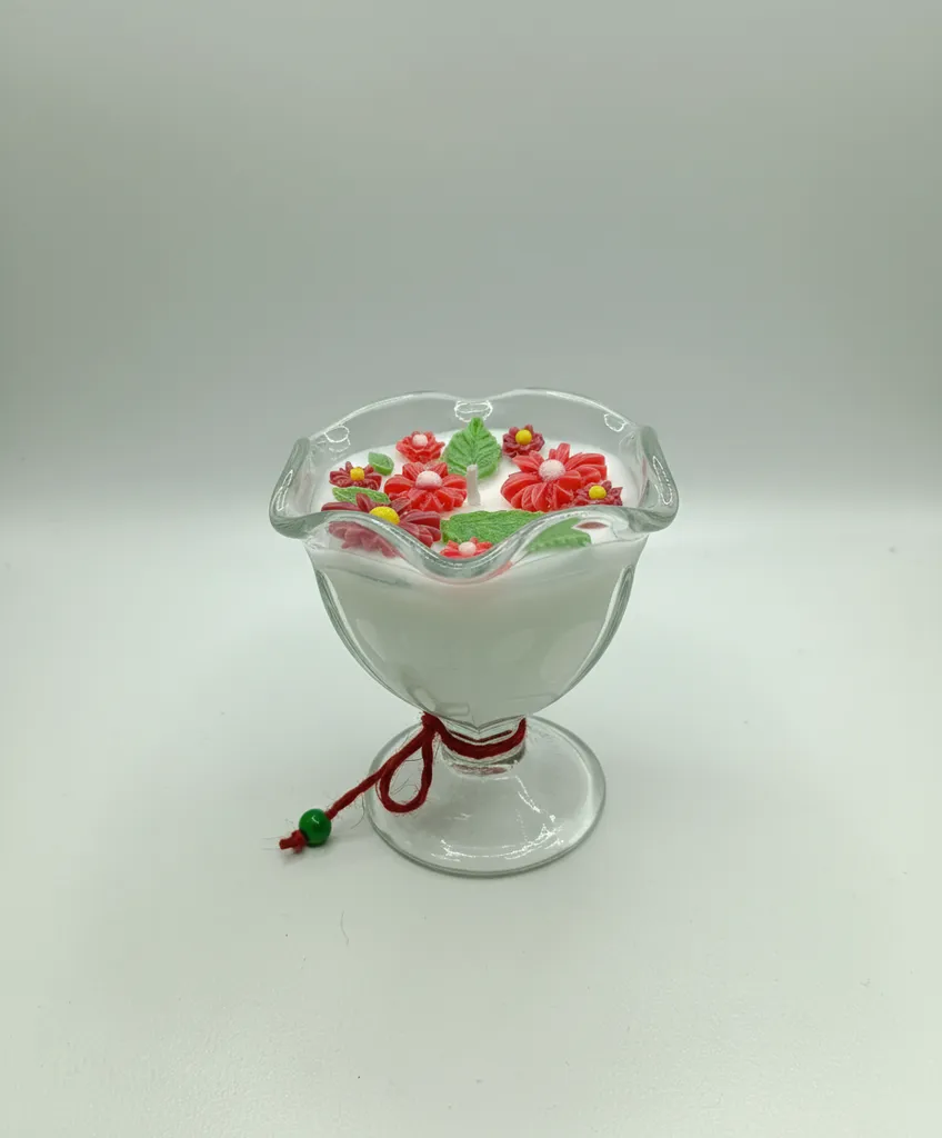 Kırmızı Çiçekli Cam Kasede Mum - El Yapımı Dekoratif Mum