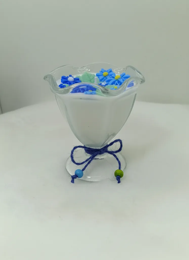 Cam Kasede Mavi Çiçekli Dekoratif Mum - El Yapımı Hediyelik