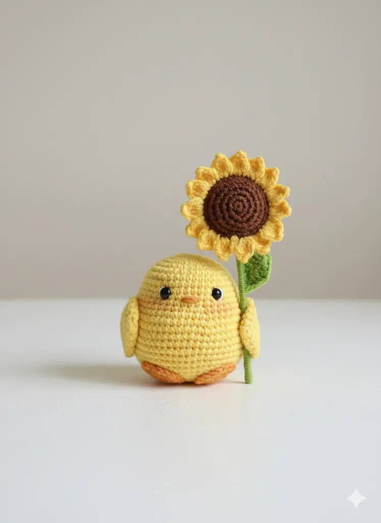 Tığ İşi Sarı Civciv ve Ayçiçeği Amigurumi Oyuncak - El Yapımı