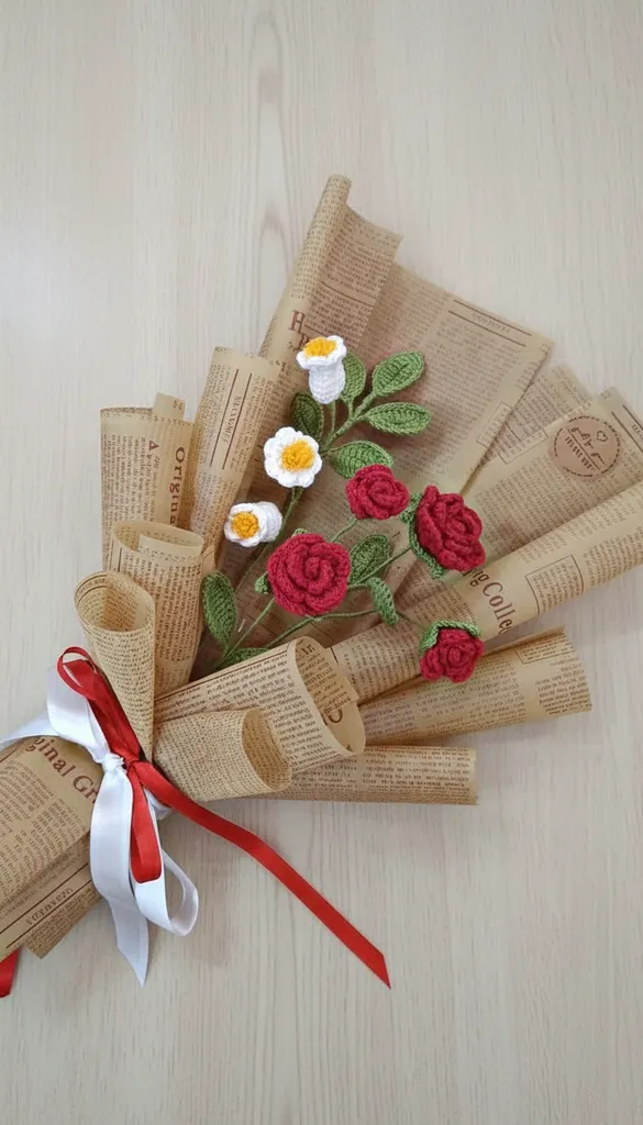 Tığ İşi Kırmızı Gül Buketi - Vintage Gazete Kağıdı Ambalajlı