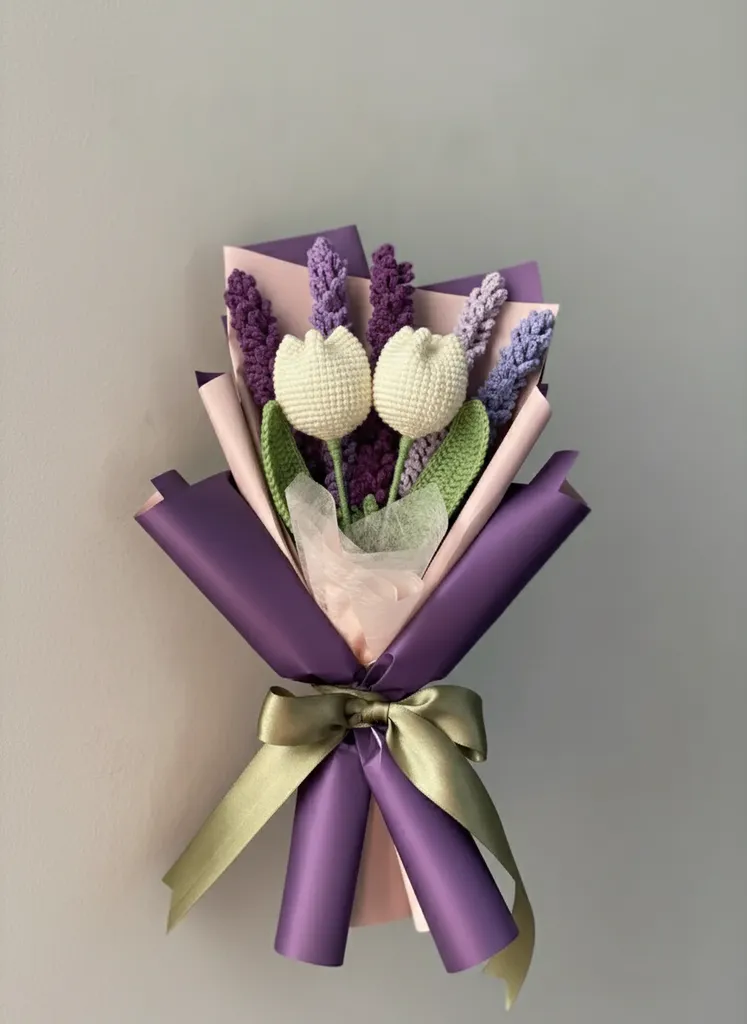 Örme Mor Buket - Lale ve Lavanta Tasarımı, Özel Gün Hediyesi