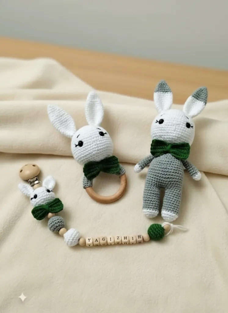 Amigurumi Gri Tavşan Oyuncak Seti - Yeşil Papyonlu, Çıngırak ve Emzik Zinciri