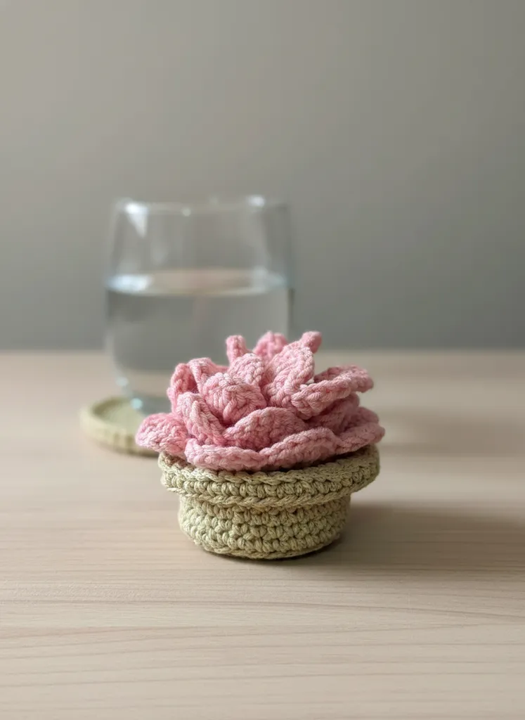 Pembe Örgü Sukulent Saksı Bardak Altlığı - El Yapımı Dekoratif