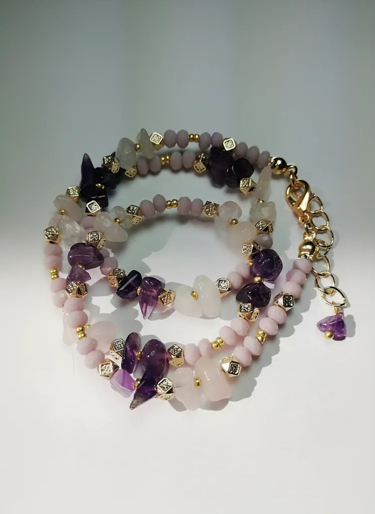 Pembe Kuvars, Ametist Doğal Taşlı Altın Detaylı Şık Kolye