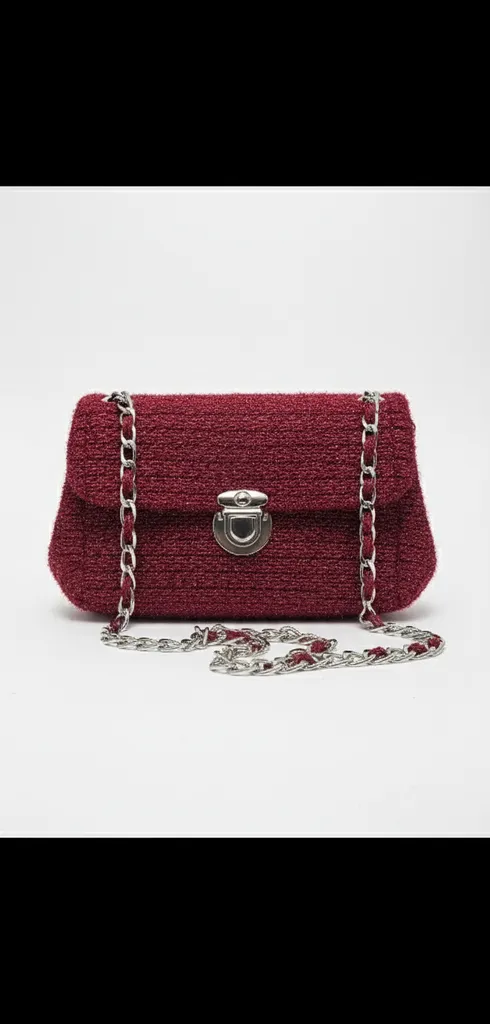 El Yapımı Bordo Kanvas Plastik Üzeri Işlemeli Zincir Askılı Çanta