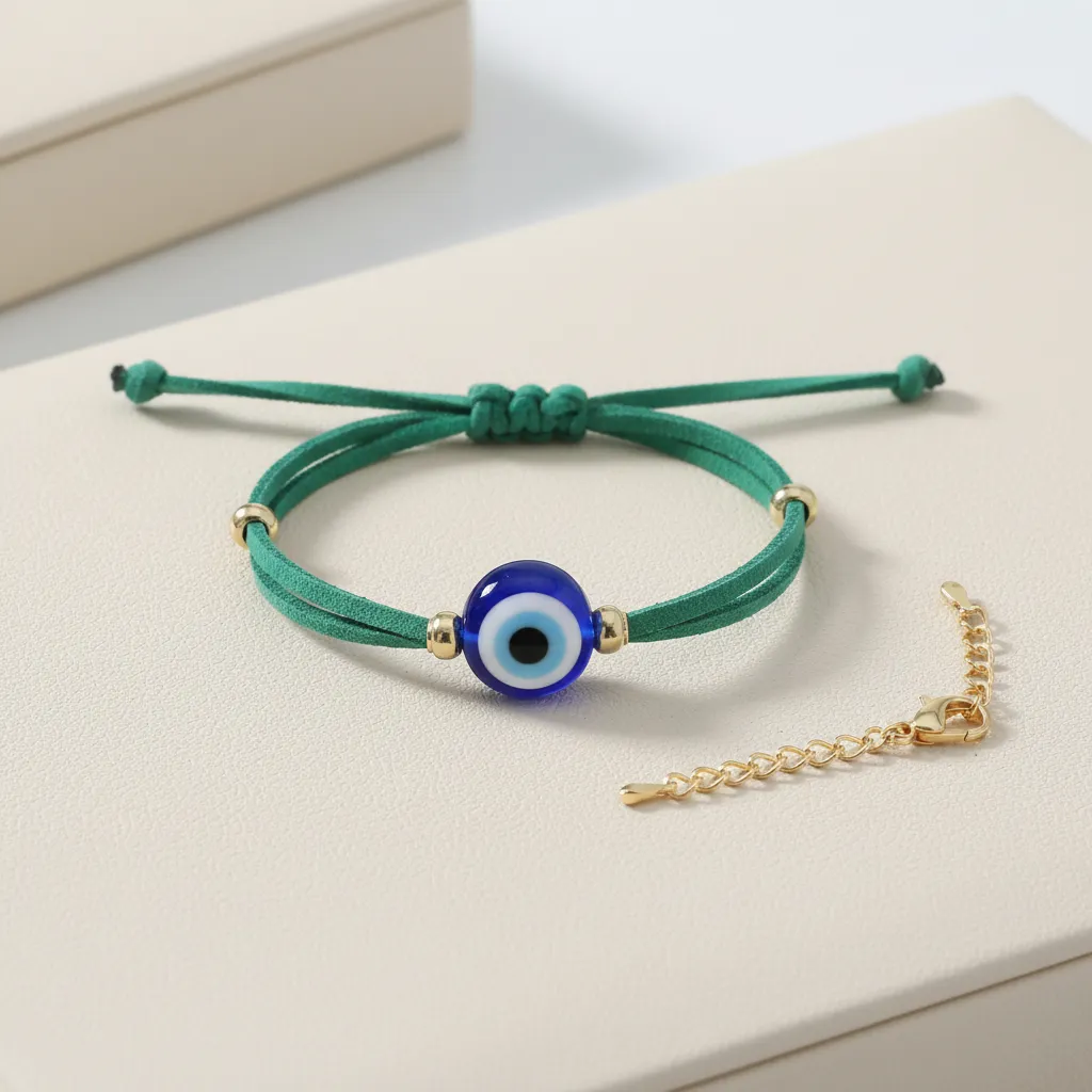 Yeşil Süet Kordonlu Nazar Boncuklu Bileklik - El Yapımı
