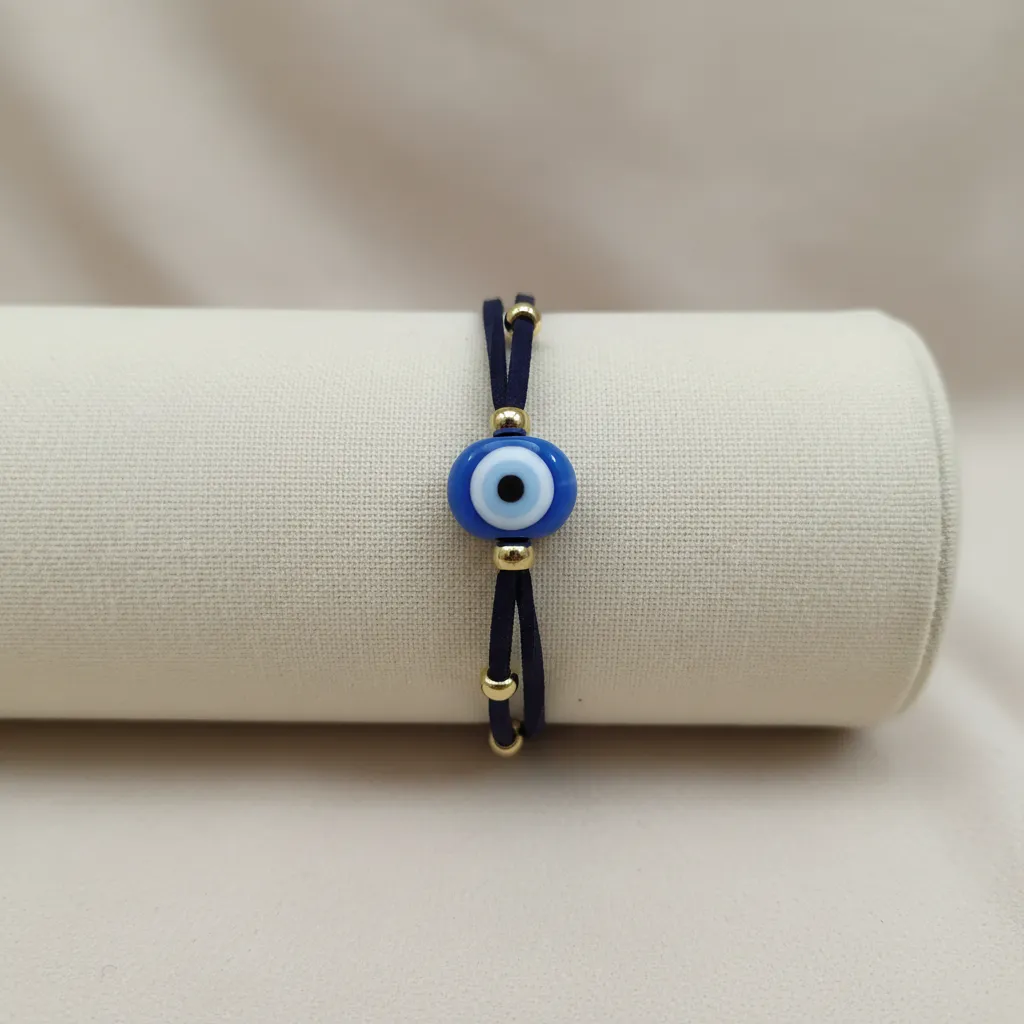 Lacivert Cam Nazar Boncuklu Gold Detaylı Bileklik - El Yapımı