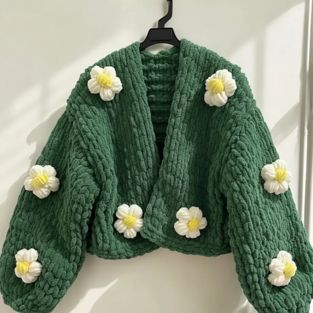 Yeşil Puffy İplik Çiçek Detaylı Hırka - El Örmesi Özel Tasarım