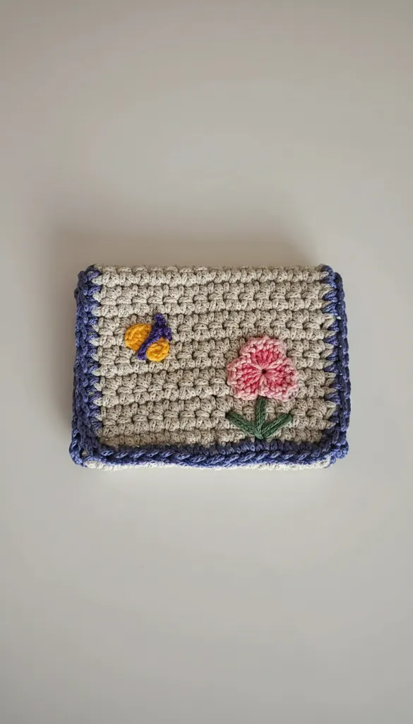 “Pembe Çiçek ve Kelebek İşlemeli Tek Gözlü Makrome Kartlık