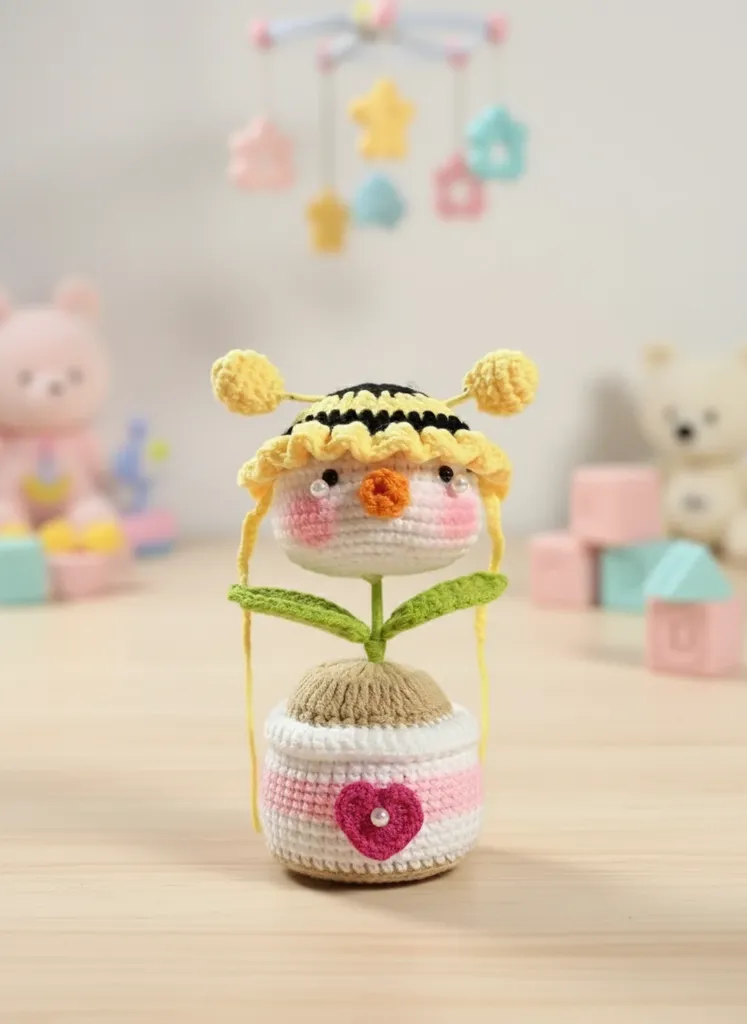 Örme Saksıda Şapkalı Sevimli Ördek Amigurumi Oyuncak - El Emeği