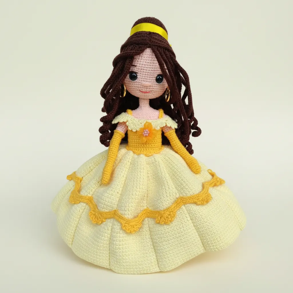 El Yapımı Amigurumi Prenses Bebek – Sarı Elbiseli Örgü Dekoratif Oyuncak (23 cm)