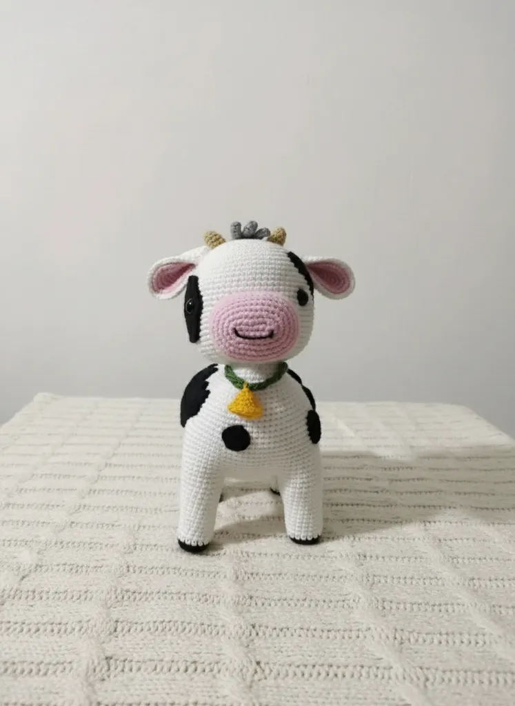 Amigurumi Beyaz Siyah Benekli İnek Oyuncak - Sevimli Zuzu