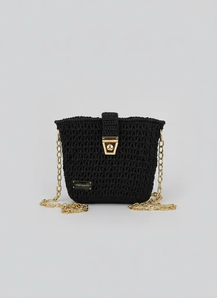 Siyah Örgü Kağıt İp Zincir Askılı Kadın Çapraz Omuz Çanta - El Emeği
