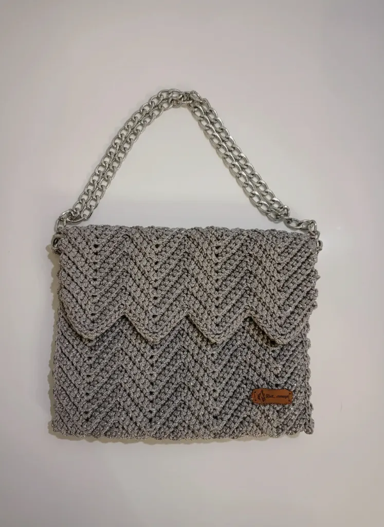 Gri Simli Örgü Omuz Çantası - Zincir Askılı, El Yapımı