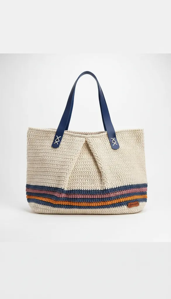 Krem Renkli Örgü Dokuma Omuz Çantası - Sahil Çizgili El Emeği