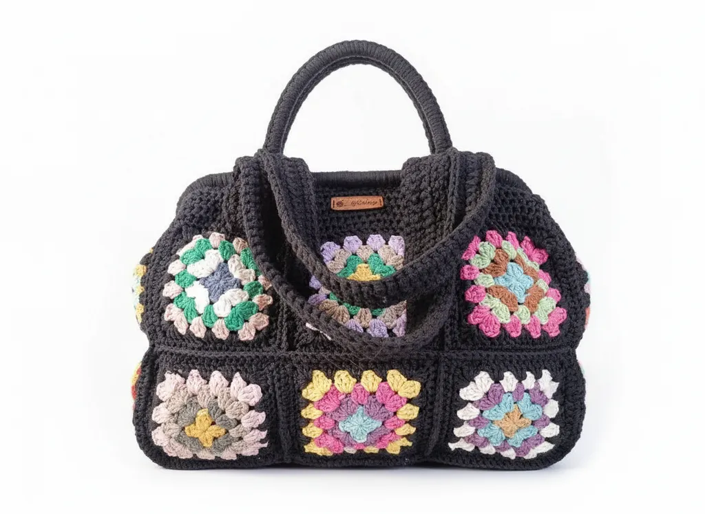 Siyah Motifli Örgü Omuz Çantası - Burslu, Astarlı ve El Yapımı