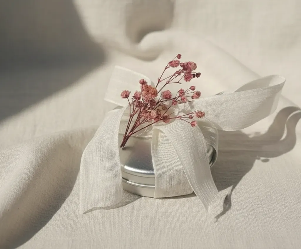 El Yapımı Gül Teni Mum - Kuru Çiçek ve Kurdele Detaylı Hediyelik Mum