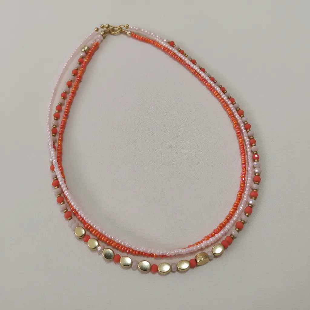 Portakal Tonlarında Üç Katmanlı Boncuk Kolye Seti - El Yapımı