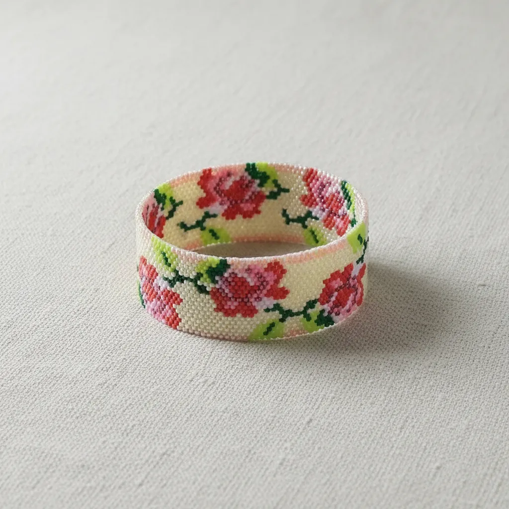 Krem Zeminli Gül Desenli Miyuki Boncuk Bileklik - El Emeği