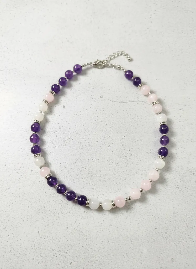 Ametist, Pembe Kuvars ve Ay Taşı Doğaltaş Kolye - Çelik Detaylı