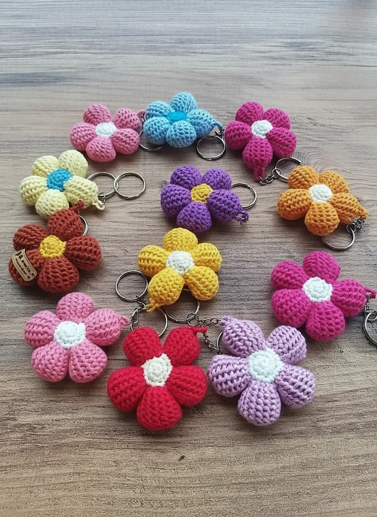 Örme Çiçek Anahtarlık Seti - Rengarenk El Emeği 12 Adet