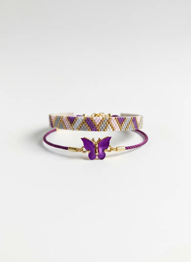 Mor Kelebekli Miyuki Boncuk Bileklik Seti - El İşçiliği Tasarım