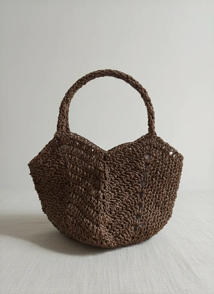 Kahverengi Kağıt İpten Örme Lale Model Çanta - El Emeği