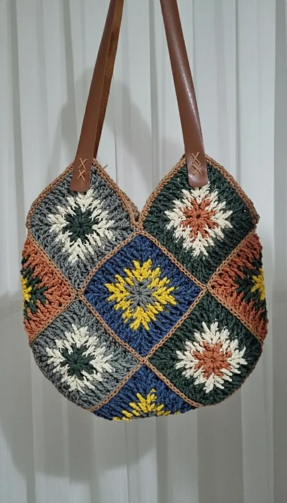 Kağıt İp Mozaik Desenli El Örgüsü Omuz Çantası - Kahverengi Saplı