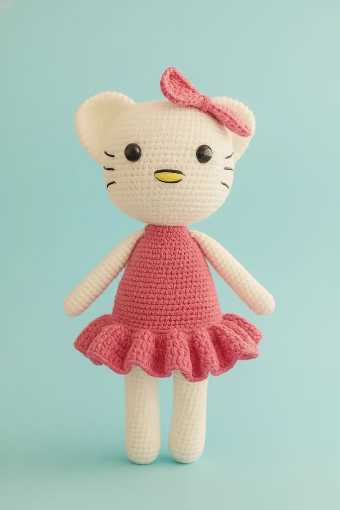 Hello Kitty Amigurumi Bebek - Pembe Elbiseli ve Kurdeleli, 25 cm