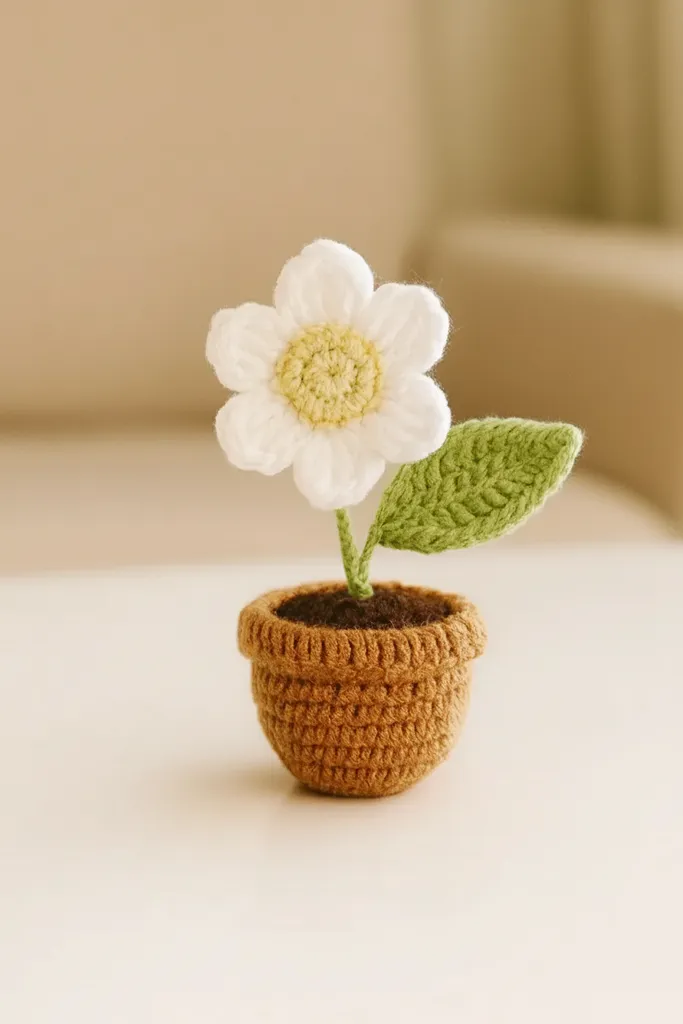 Beyaz Papatya Motifli Amigurumi Saksı Bitki Dekorasyon