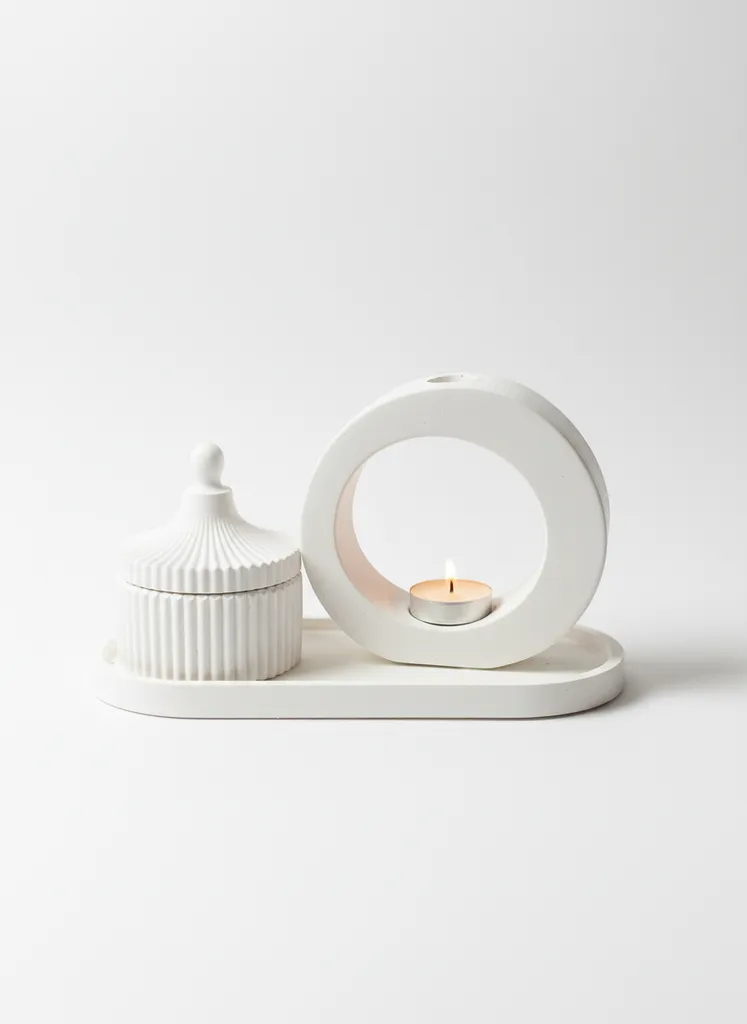 Beyaz Beton Mumluklu Vazo Seti - Yuvarlak Modern Dekoratif Tasarım