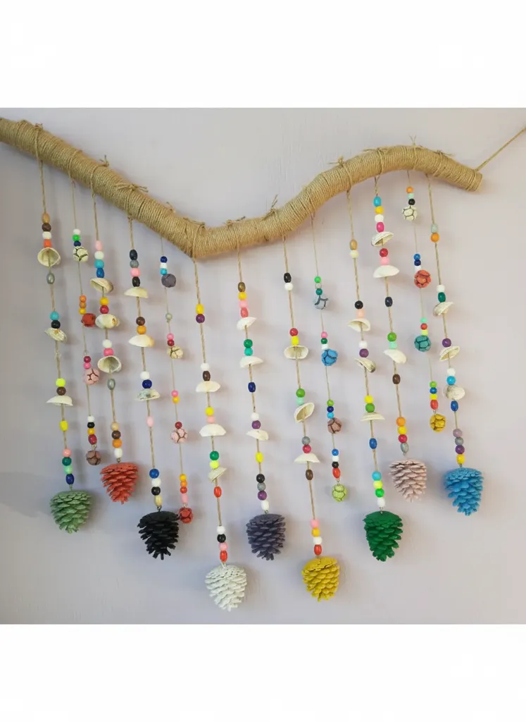 El Yapımı Renkli Boncuklu ve Boyalı Kozalaklı Ahşap Dal Duvar Süsü