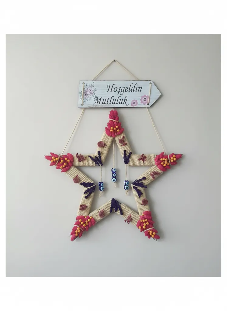 El Yapımı Jüt Yıldız Kapı Süsü - Hoşgeldin Mutluluk Ahşap Tabela