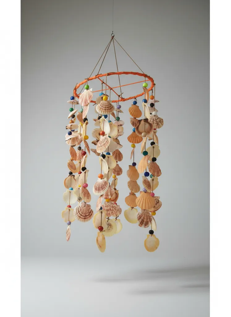 El Yapımı Doğal Deniz Kabuklu ve Renkli Boncuklu Dekoratif Rüzgar Çanı
