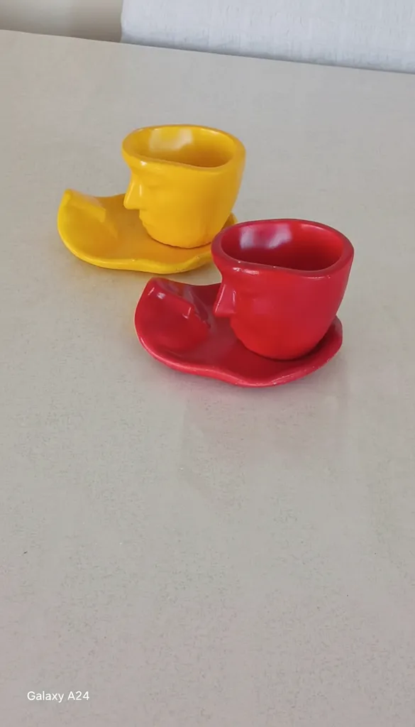 Taraftar İkili Fincan Takımı Kırmızı Sarı El Yapımı Dekoratif Kahve Fincanı