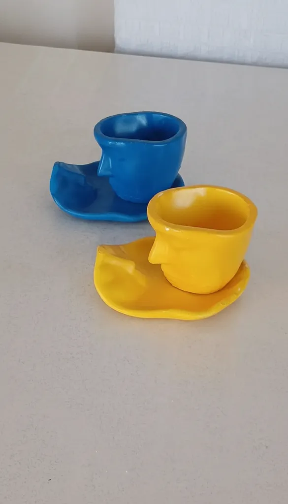 Taraftar İkili Fincan Takımı Sarı Lacivert El Yapımı Kahve Fincanı Seti