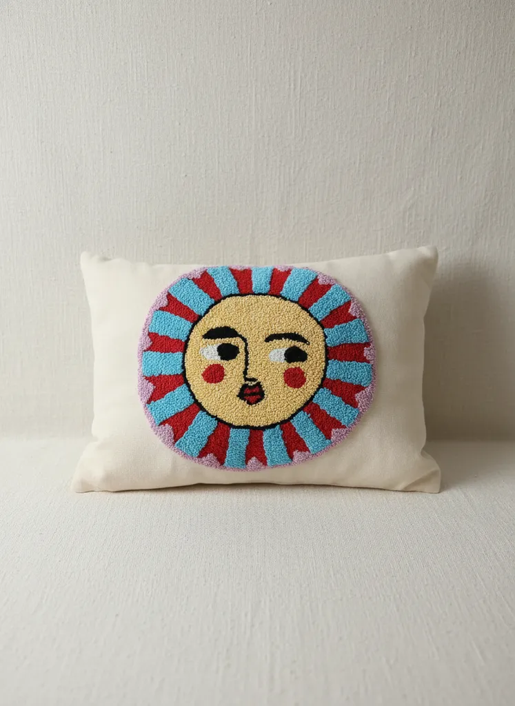 El Yapımı Punch Nakışlı Güneş Motifli Dekoratif Yastık - Krem Kumaş