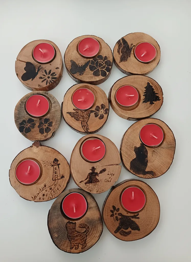 10 Piece Natural Wooden Candle Holder Set – Handmade Pyrography Patterned