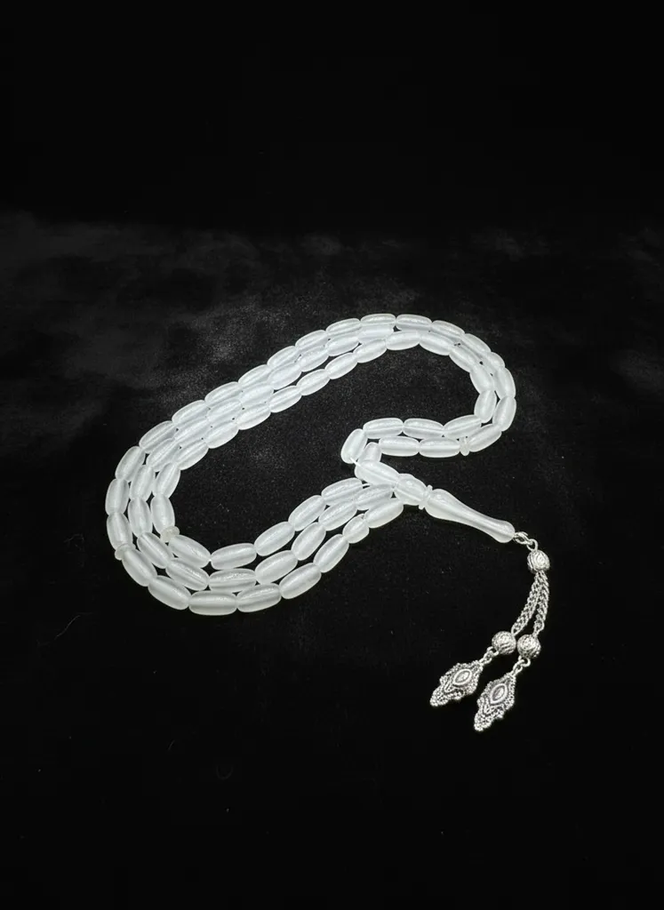 Beyaz Kedi Gözü Taşlı Özel Tasarım Tesbih - El Yapımı