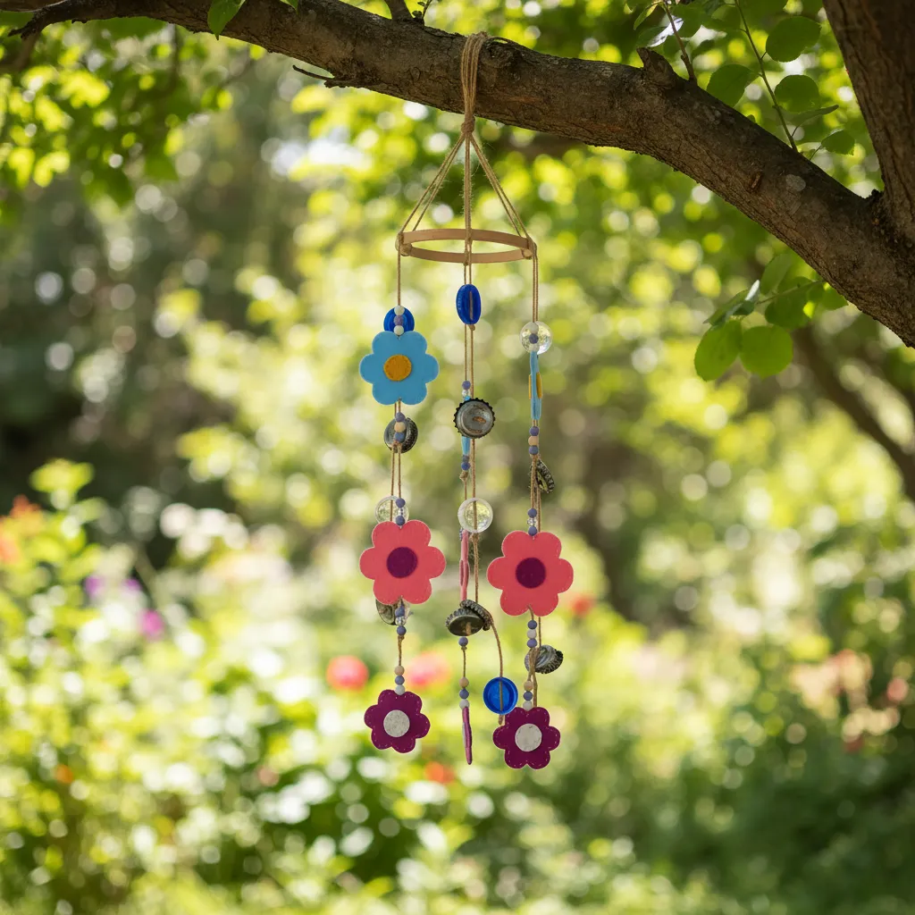 El Yapımı Keçe Çiçekli Rüzgar Çanı – Balkon ve Bahçe Süsü