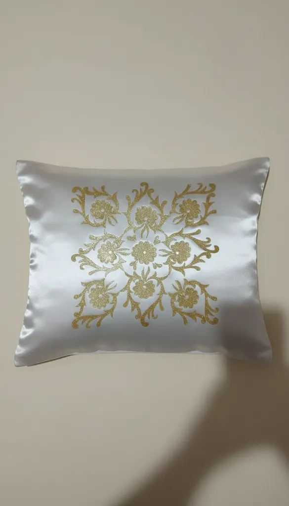 El Yapımı Altın Çiçek Desenli İpek Saten Yastık Kılıfı - Dekoratif Yastık