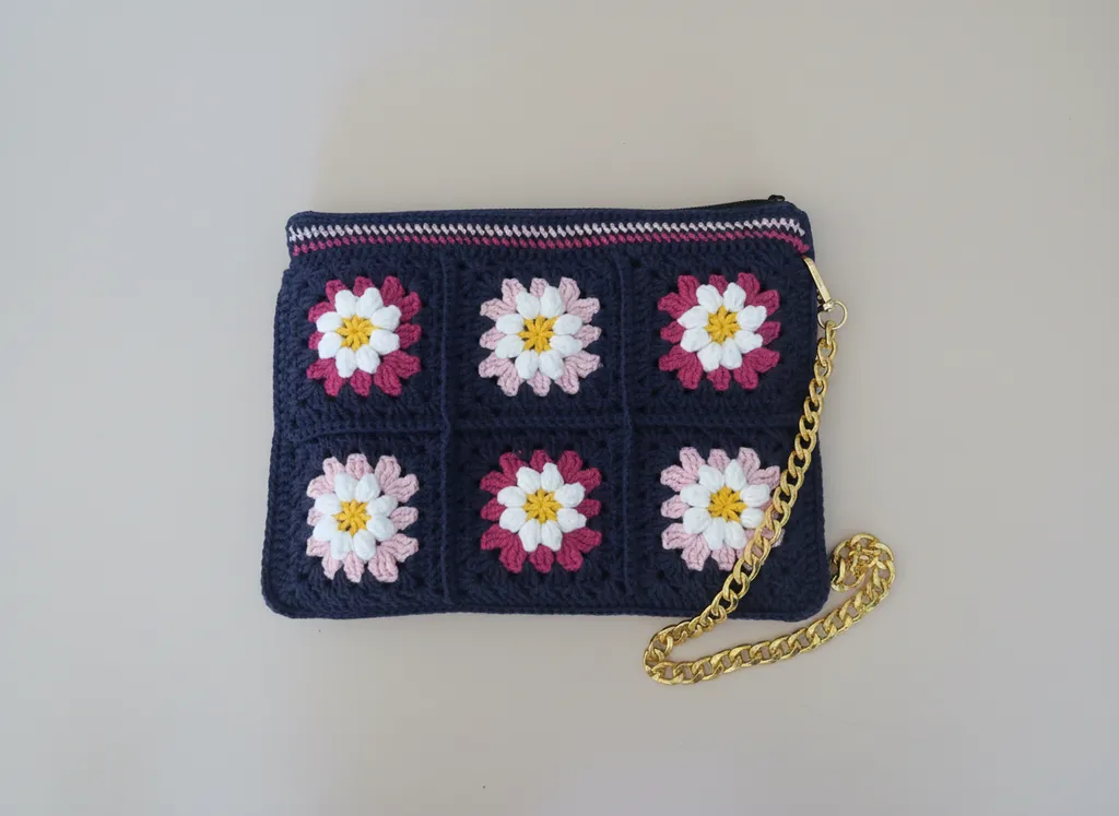 Hand Knitted Floral Portfolio Bag | Lined Zippered Handbag