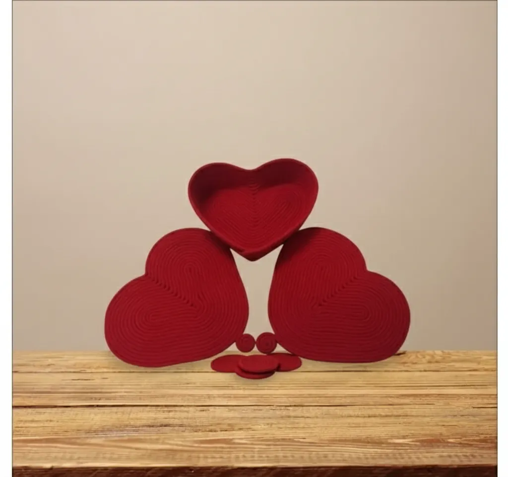 Kalp Desenli 3'lü Supla Takımı - Kırmızı Tress İpten Suplalar