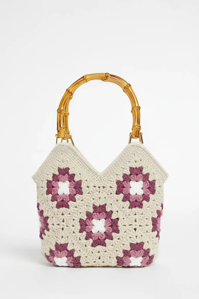 Bambu Saplı El Örgüsü Motifli Omuz Çantası - Krem ve Lila