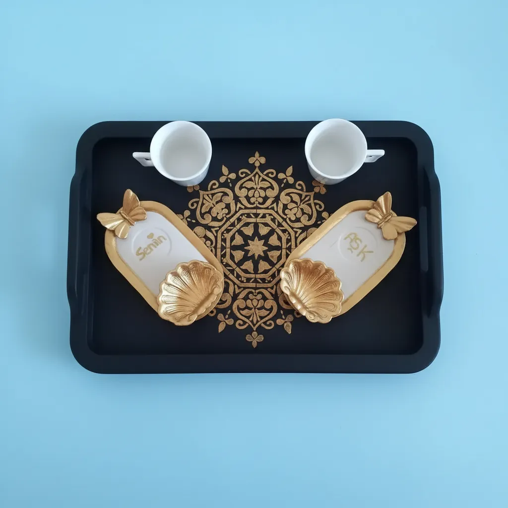 Kahve Sunum Takımı – Ahşap Tepsi ve Desenli Çini Fincan Seti