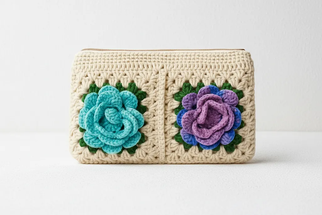 Krem Rengi El Örgüsü 3D Çiçek Detaylı Astarlı El Çantası