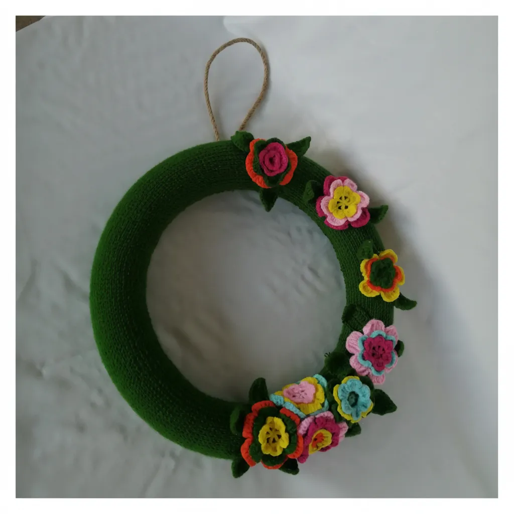 El Örgüsü Yeşil Kapı Duvar Çelenk Süsü - Renkli Çiçek Motifli Dekoratif El Emeği