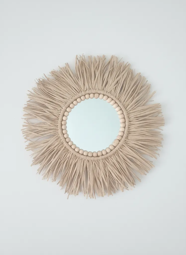 El Yapımı Bohem Rafya İpli Duvar Aynası - Ahşap Boncuklu Dekoratif Ayna